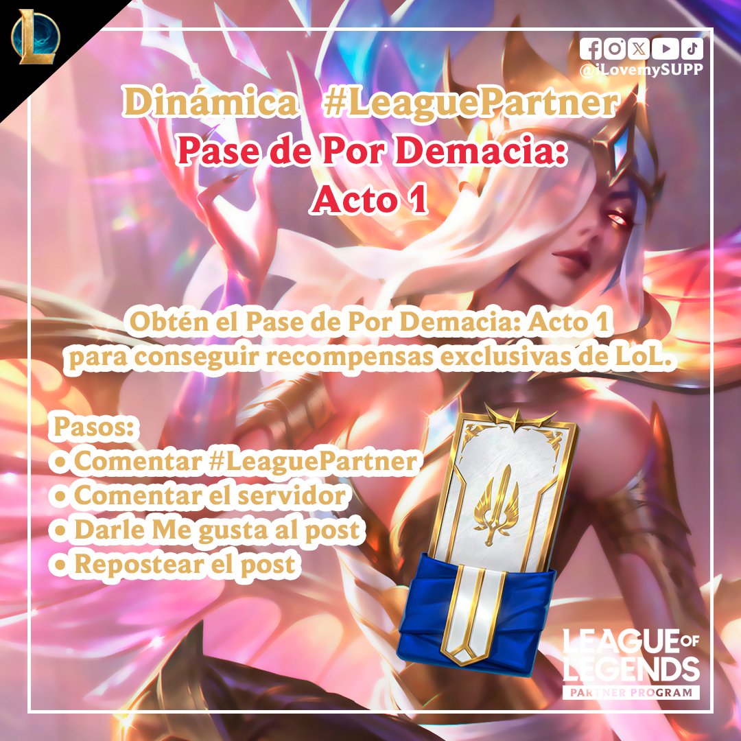 Soy parte del Programa de Socios de LoL de Riot Games y ellos me dieron algunos códigos para ustedes.

Pase de Por Demacia Acto 1:
• Serán 2 códigos

Los resultados se subirán el 14 de febrero de 2026.

¡Suerte a todos!

#LeagueOfLegends #LeaguePartner #LPP #PSL