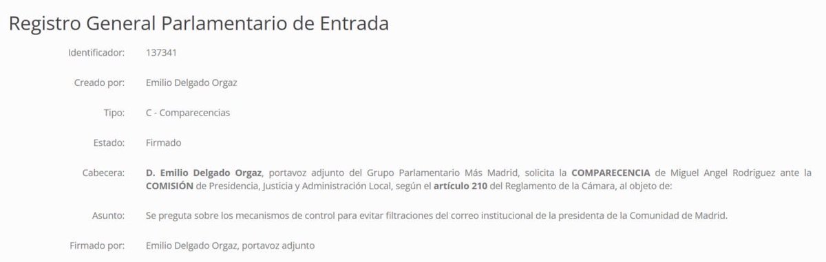Ante la filtración de correos que la ex concejala del PP dirigió a la presidenta de la Comunidad de Madrid, he registrado la comparecencia de Miguel Angel Rodríguez, jefe de gabinete de la presidenta, para tratar de aclarar cómo se han podido producir esas filtraciones.