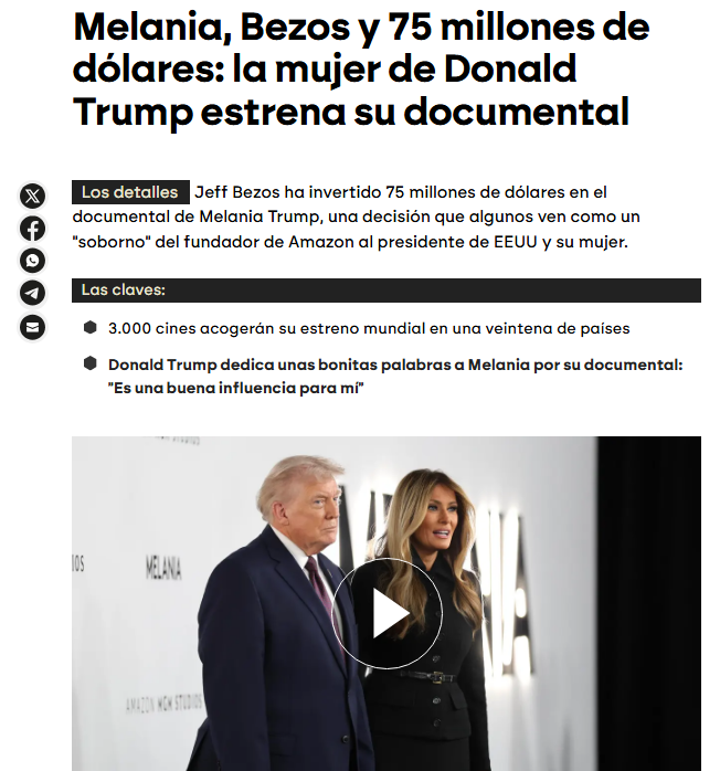 JulianMaciasT's tweet photo. Dos noticias juntas se entienden mejor.
En la misma semana que conocemos la inversión de Jeff Bezos de 75 millones para el documental de Melania Trump despide al 30% de la plantilla del Washington Post, 300 periodistas.
Más Trump, menos periodismo. https://t.co/Lvud1261li