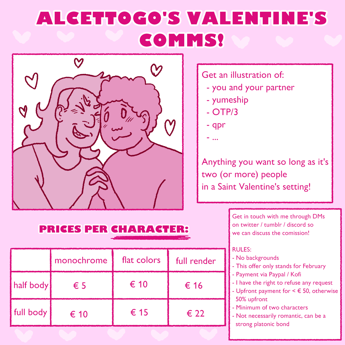alcettogo's tweet photo. Happy February! Do you want something for you and your parter? Are you rotating a ship around your brain? Consider Commissioning me!

Limited time only, if you'd like one, DM me here so we can discuss the details / price! https://t.co/n1qbrr073E