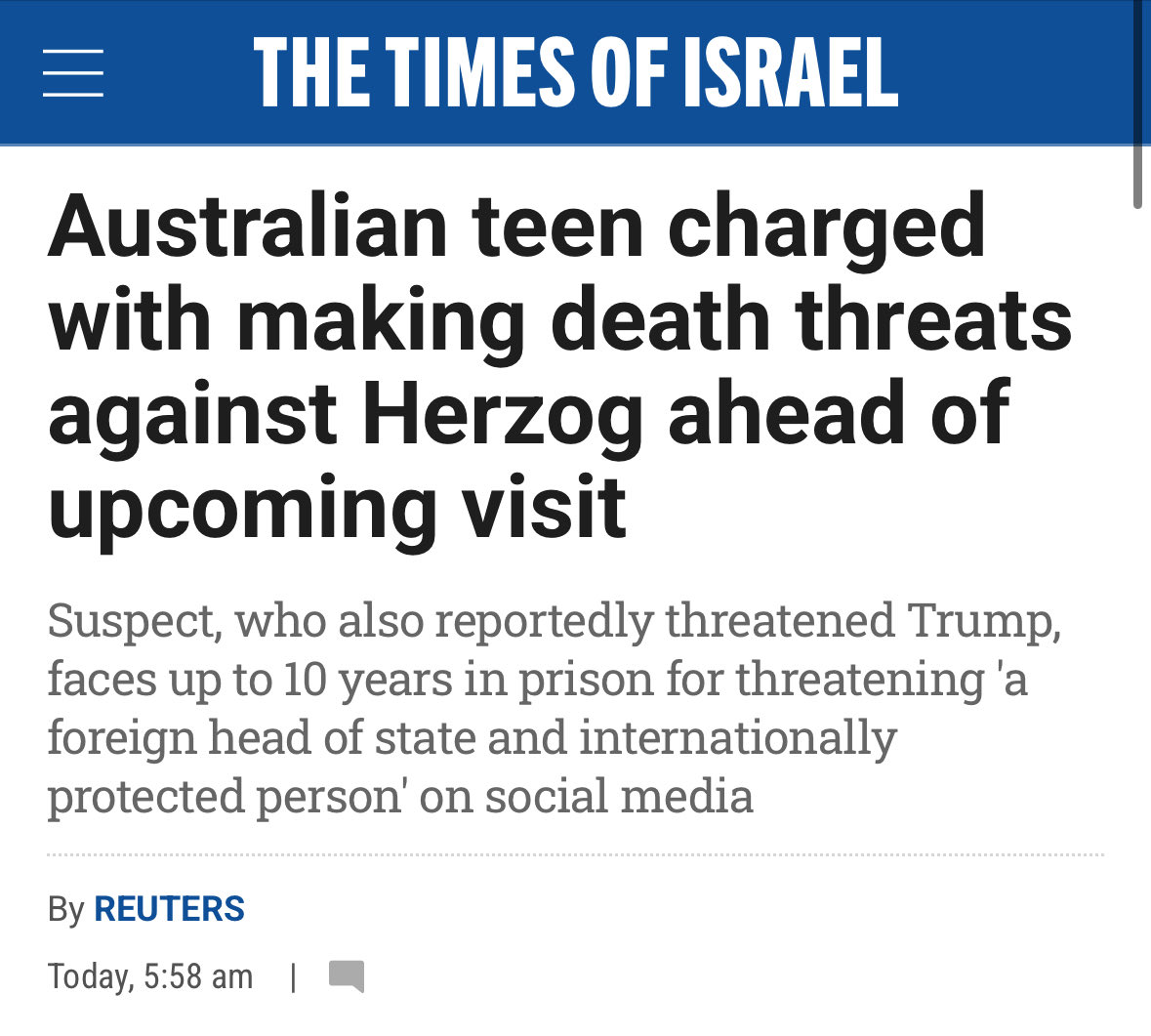 So the AFP will arrest teenagers for threatening the Israeli President, but won’t arrest the Israeli President for inciting genocide against 2.2 million Palestinians.