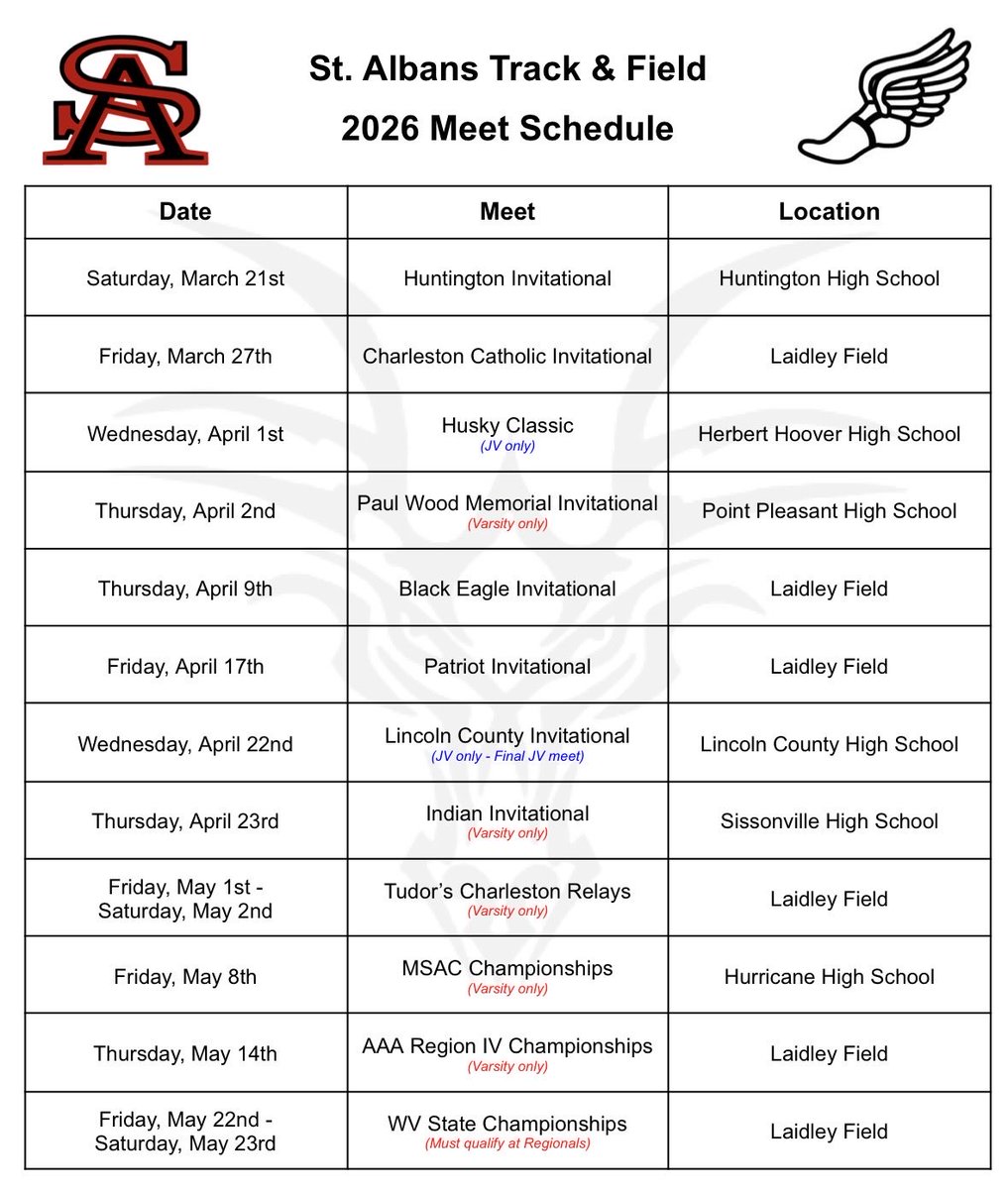 SAHS_XCTF's tweet photo. Here’s an early look at our 2026 St. Albans Track &amp; Field schedule! Come out this spring and cheer on the Red Dragons! 🏃🏻‍♂️🏃🏾‍♀️ https://t.co/CcjDwPrtyl