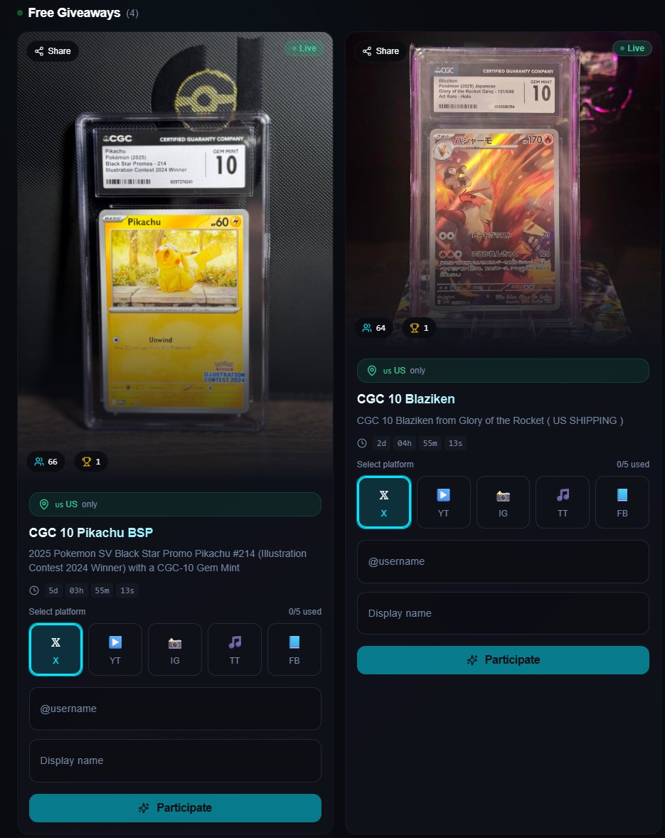 🎁🔥 DOUBLE GIVEAWAY ENERGY 🔥🎁

We’re giving away Pikachu ⚡ &amp; Blaziken 🔥

Powered by <a href="/DegenXPicker/">Degen X Picker</a>

How to enter 👇
• Link in bio
• Click the 🎁 Gift Box (top left)
• Choose social + username

That’s it.

🔁 Repost
👀 Follow
💬 Drop future giveaway ideas

Good luck 🍀