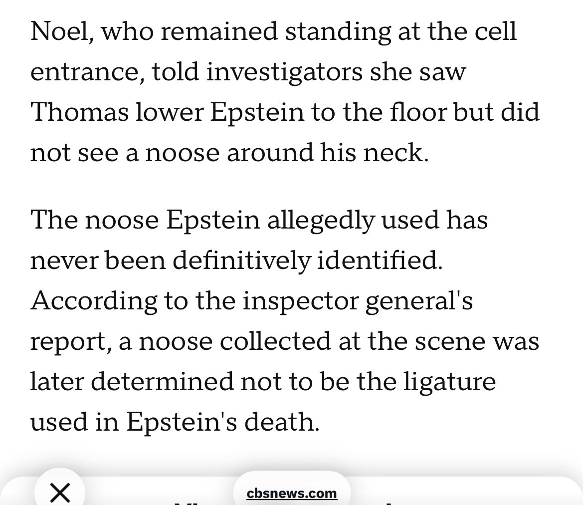 Oh boy. So the noose they found in Epstein’s cell was NOT the noose that strangled him. It’s like the scene in This is Spinal Tap where we learn the drummer choked on vomit but, to quote Nigel, “It was actually, was actually someone else's vomit.”.