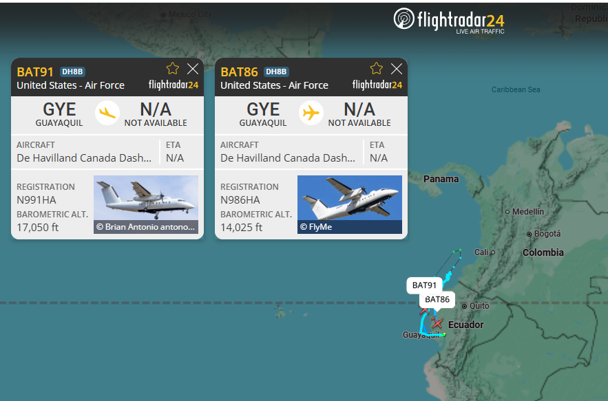 5472_nde's tweet image. BAT86 / BAT91 pair of #USAF Dash8-200 #ISR platforms active #Ecuador 2109z