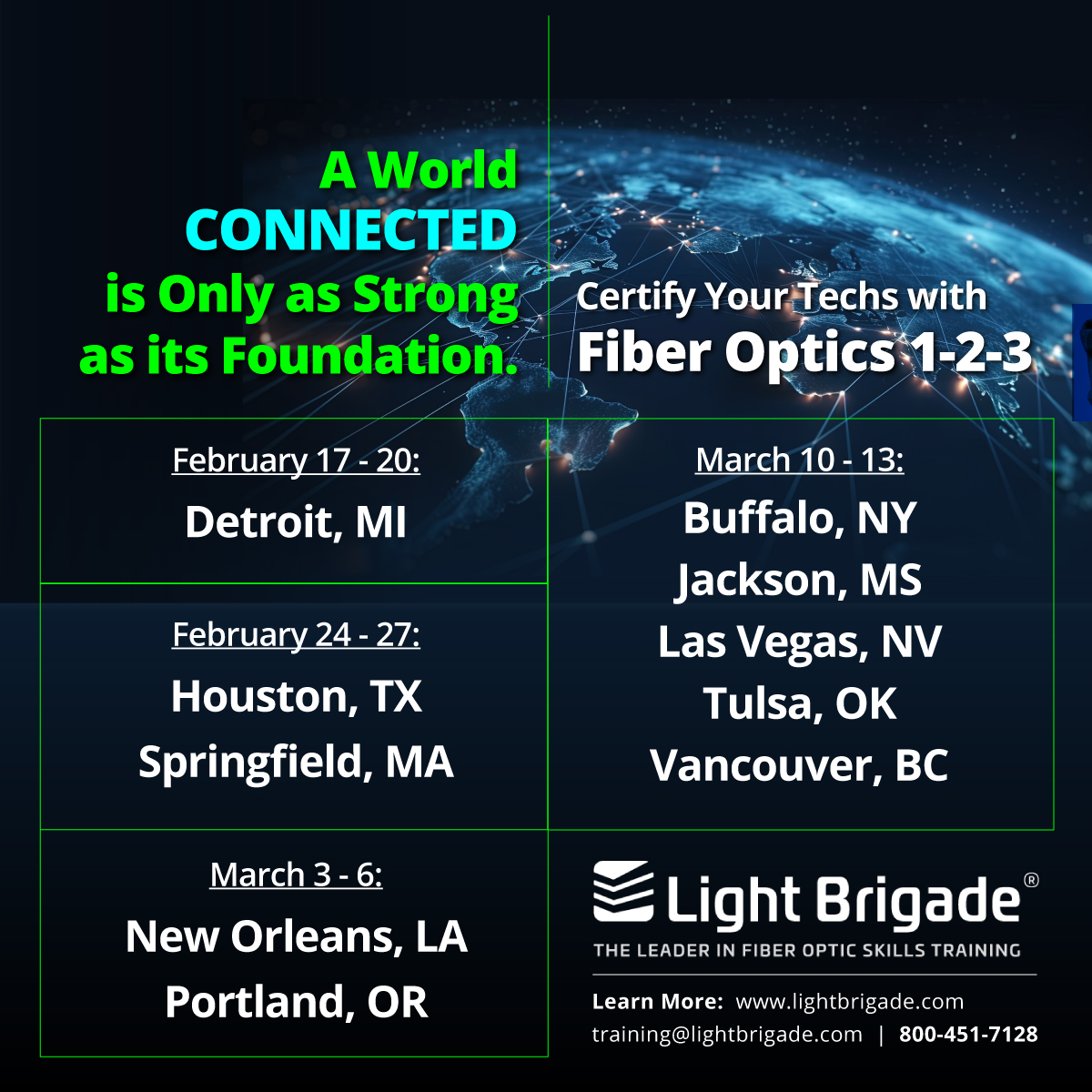 We’re taking Fiber Optics 1-2-3 across the country this Feb/March to get your teams ready for the 2026 build surge. Don't miss the industry's gold standard training when it hits your region!

Register: lightbrigade.com/fiber-optics-1…
#FiberOptics #LightBrigade #Telecom