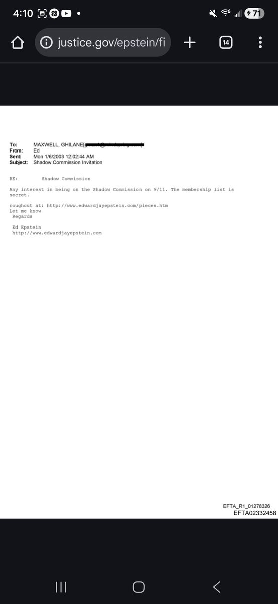 smalls2672's tweet image. Holeeee shit bro.....

To Ghislaine Maxwell

"Any interest in being on the one the shadow commission on 9/11?"

#EpsteinFiles