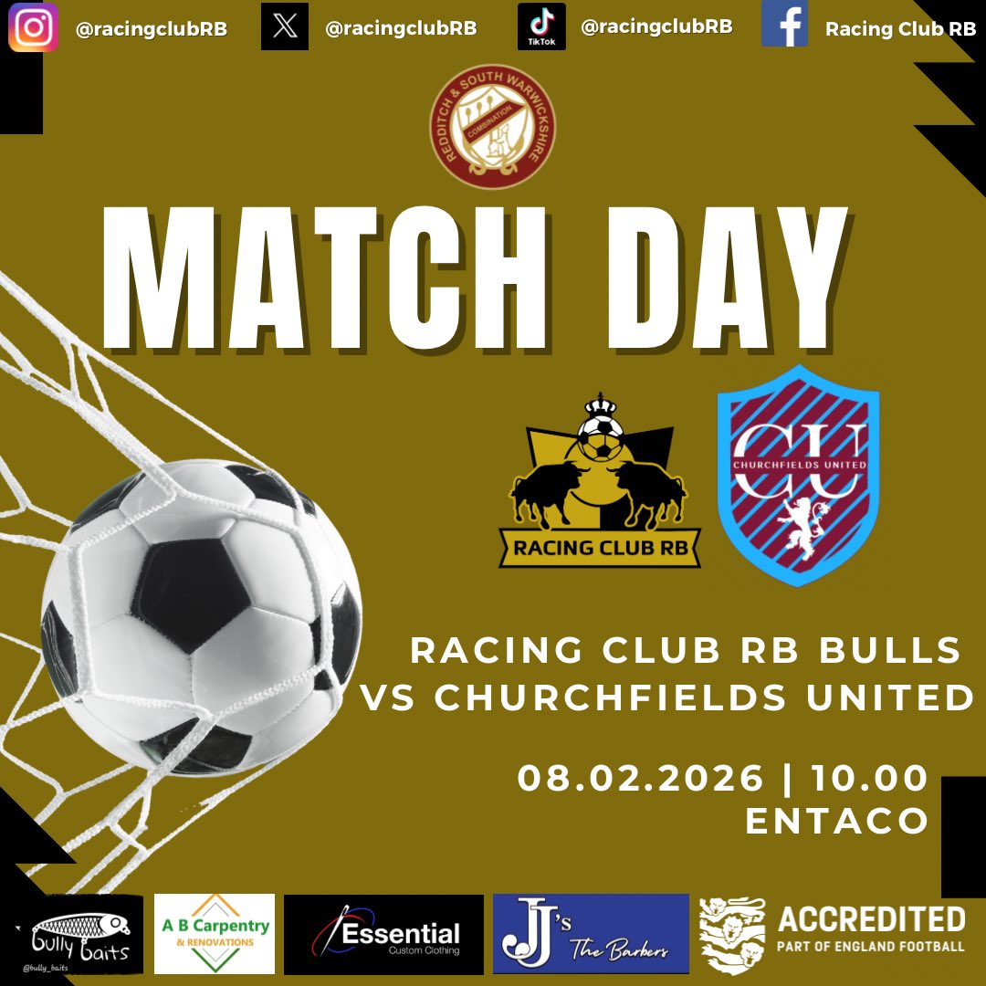 Cup and league action for our teams this Sunday.

As Racing take on <a href="/AustinExFC/">Austin Ex Apprentices FC</a> 

📍Four Dwellings 3G
⏰ 10.00am KO
🏆 Centenary Cup

And the Bulls take on <a href="/UtdChurchfields/">Churchfields Utd FC</a> 

📍Entaco
⏰ 10.00am KO
🏆 League 1

#VamosRacing🐂

<a href="/Randswcl/">Redditch & SW League</a>