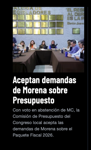 MORENA en NL entendió que es el fiel de la balanza. 

MC tiene 2 opciones: 1) cooperar, sacarle provecho a lo que salga de presupuesto, proyectando una imagen de estabilidad tras la derrota o 2) cargarle el costo político a la oposición de que obras y programas no se cristalicen