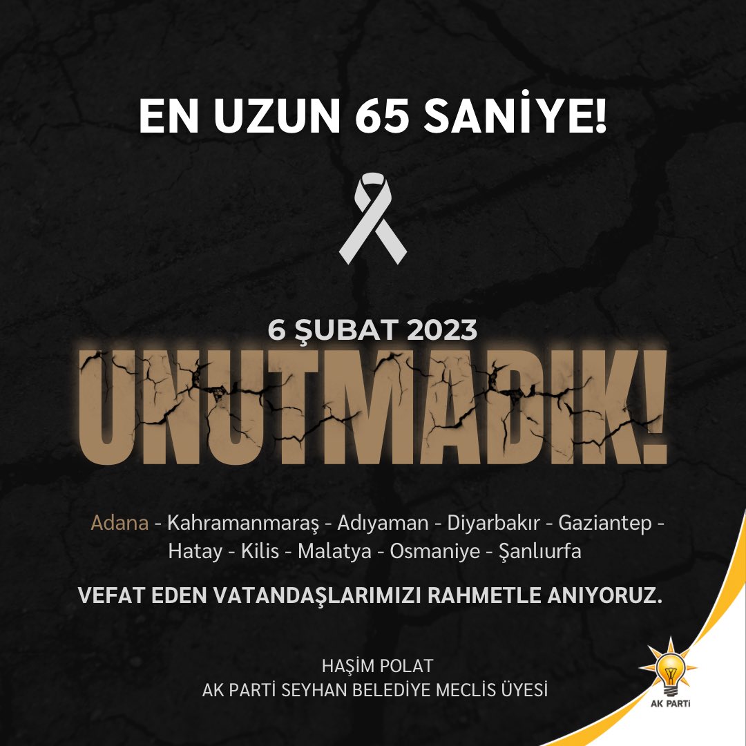 #6Şubat’ta yaşanan deprem felaketinde hayatını kaybeden vatandaşlarımızı rahmetle anıyoruz. Rabbim hayatını kaybedenlerin mekânını cennet eylesin. Bu büyük imtihanda millet olarak sabrı, dayanışmayı ve kardeşliği elden bırakmadık. 
Rabbim ülkemizi ve milletimizi her türlü afetten