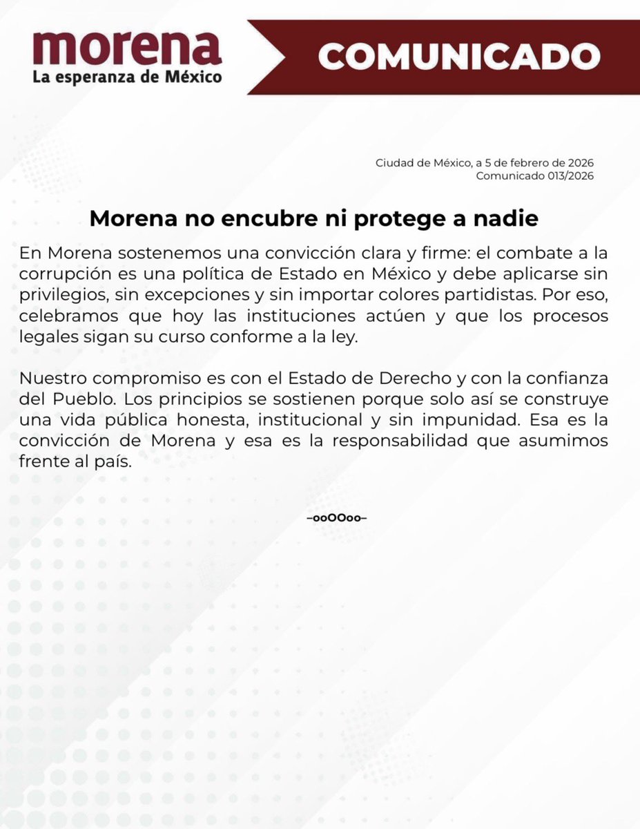 LuisaAlcalde's tweet image. En Morena no hay intocables ni pactos de impunidad. No se encubre a nadie ni se tuerce la ley por poder o partido. Cuando existen elementos debe investigarse y castigarse. 👇🏻