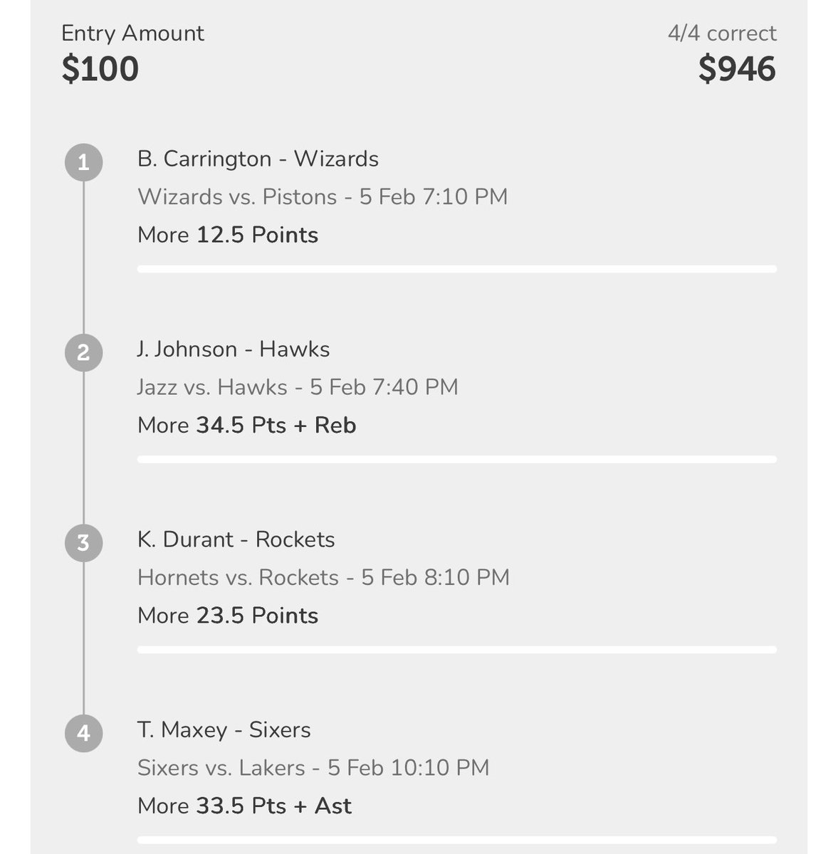 SamBets_'s tweet image. $100 to TWO FOLLOWERS IF WE CASH🤑

🏀NBA 10X LOTTO TICKET 

📊Bub Carrington o12.5 PTS
📊Jalen Johnson o34.5 PR
📊Kevin Durant o23.5 PTS
📊T. Maxey o33.5 PA

❤️‍🔥 + FOLLOW TO ENTER! 

Code CHAMBER on ParlayPlay for $100 deposit bonus!👇
parlayplay.io/account/signup…