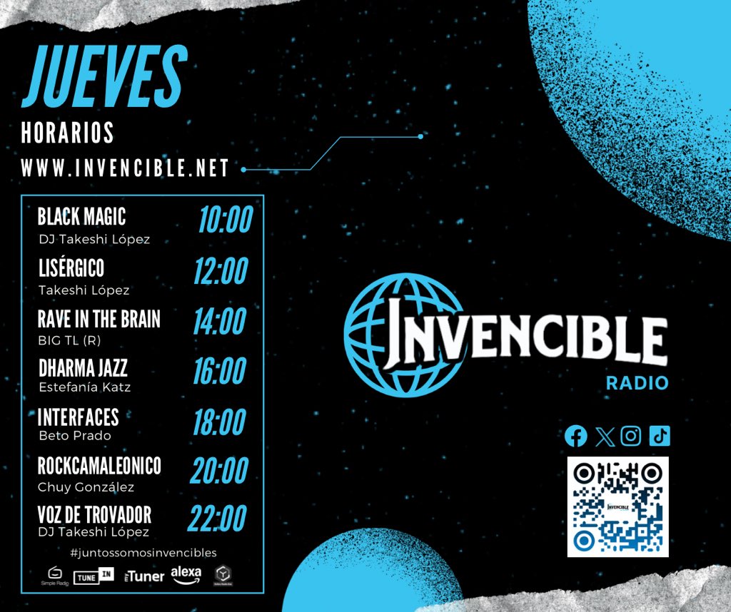 #jueves en 🌐invencible.net 

Programas en vivo, entrevistas, selección musical 🎶🎧

MyTuner &amp; TuneIn 
¡Alexa, reproduce Invencible Radio! 

#radioonline #radioenvivo #radioenespañol #radiopublica #juntossomosinvencibles