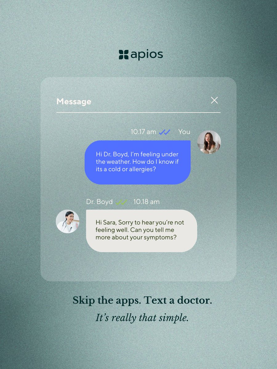 ApiosHealth's tweet photo. Your doctor is just a text away. No more waiting rooms or complicated apps. With Apios, you get direct access to medical advice right from your phone.

#apios #healthcare #telehealth #wellness #digitalhealth https://t.co/oFkJuZOAjF