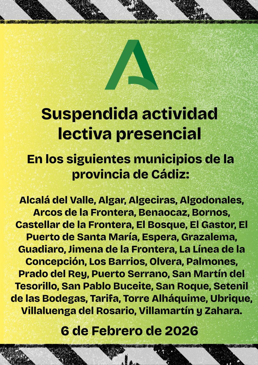 EducaAnd's tweet photo. 🚨 Andalucía recupera mañana viernes, 6 de febrero, la actividad lectiva presencial en todos los centros educativos salvo en determinados municipios y centros  concretos.
👉Estos son los centros y municipios afectados en la provincia de Cádiz.
#BorrascaLeonardo https://t.co/0xI6tAxh68