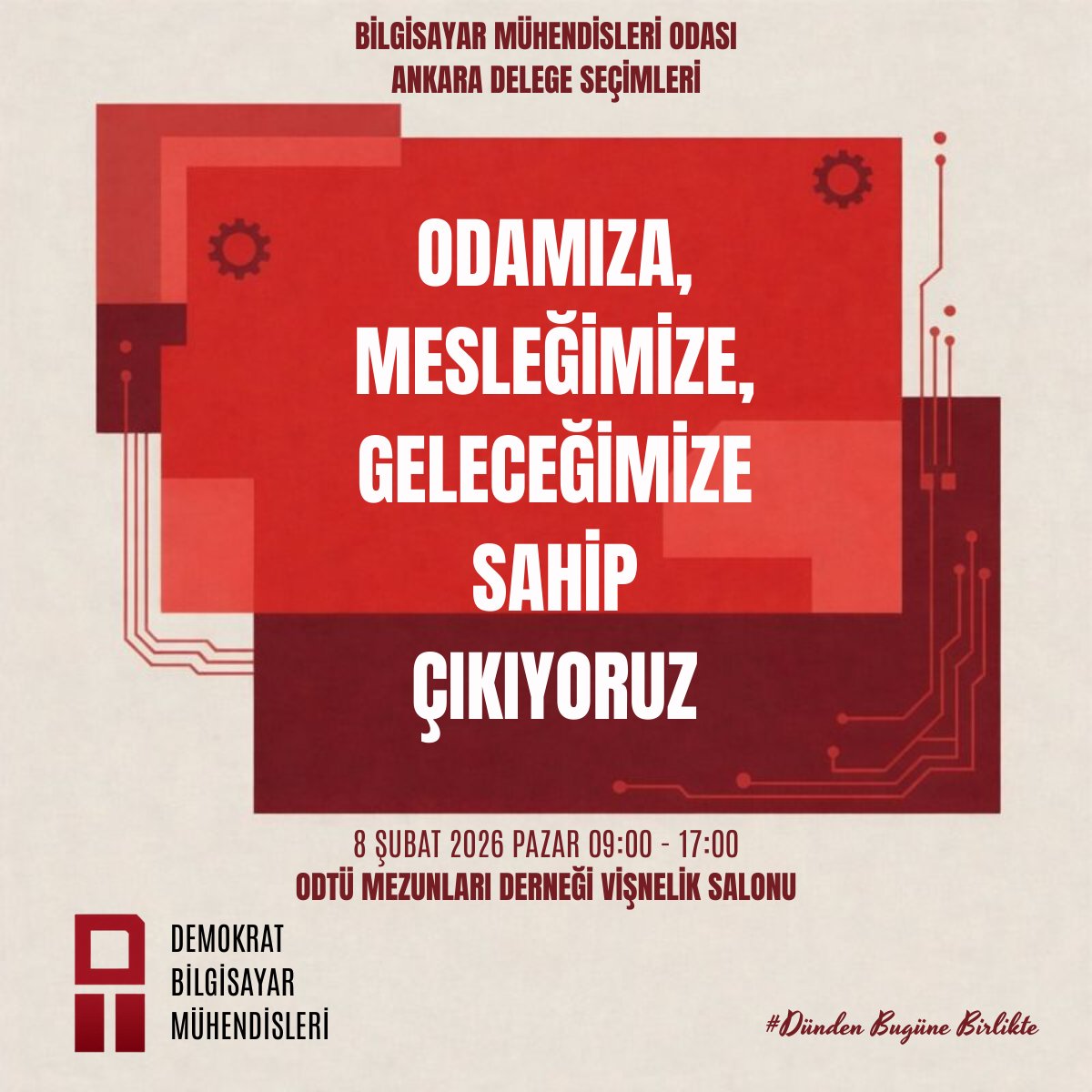 Demokrat Bilgisayar Mühendisleri olarak toplumcu bakış açımızla; odamıza, mesleğimize, geleceğimize sahip çıkıyoruz. 🚩

8 Şubat Pazar günü gerçekleştirilecek BMO Ankara Delege Seçimlerinde Kırmızı Liste olarak ordayız.

Ya siz? 💻✊
#DündenBugüneBirlikte #BMO #TMMOB #DemokratBM