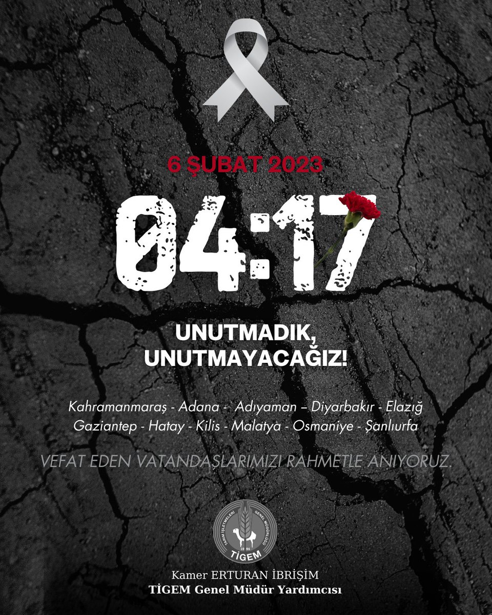 #6Şubat2023 | 04:17

11 ilimizi derinden sarsan 6 Şubat depremlerinde kaybettiğimiz tüm canları rahmetle yad ediyorum.
Birlik ve dayanışma ruhuyla yaralarımızı sarmaya devam ederken, Rabbim milletimize bir daha böyle acılar yaşatmasın.
#deprem
