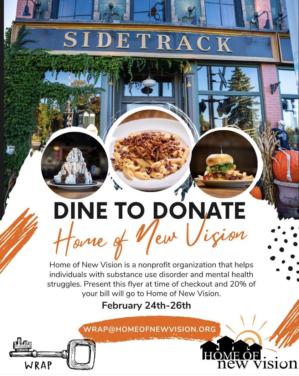 🍽️ Mark your calendars! 🍽️

We’re teaming up with Sidetrack Bar &amp; Grill for a Dine to Donate fundraiser

📆 February 24–26
💸 20% of your bill will be donated when you present this flyer 

Eat good food, support a great cause, and help individuals