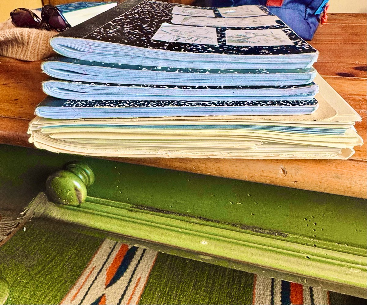 anonymuncule333's tweet photo. My progress so far: #firstdraft #writing #novel #longhand
- four filled in composition books @ 90 pages a piece…
- 86 filled loose leaf 11 x 9 in. pages of charcoal (sketch) paper…
= So, by my calculations, I’ve got on my hands a manuscript draft (written longhand) that totals 446 pages!!
I gotta stop lugging this around with me (I —daily—write for the roughly four hours downtown at the local pizza parlor, using the booth farthest from the counter as my writing desk/office) lest I lose these irreplaceable leaves…