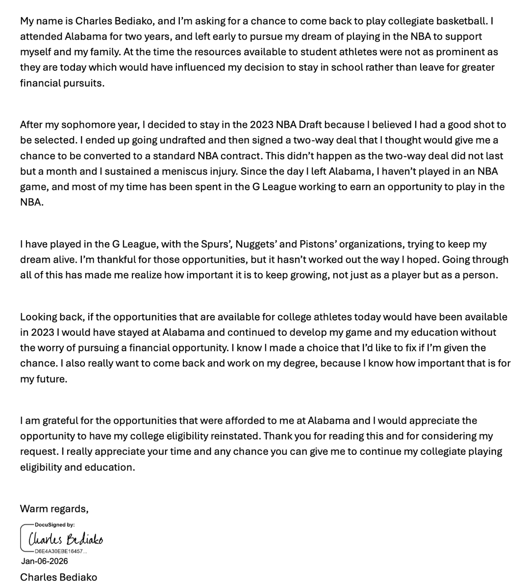 mikerodak's tweet photo. The NCAA on Thursday also filed an exhibit that included Charles Bediako's written statement as part of his denied request to earn eligibility. https://t.co/bbG1mRO2UK