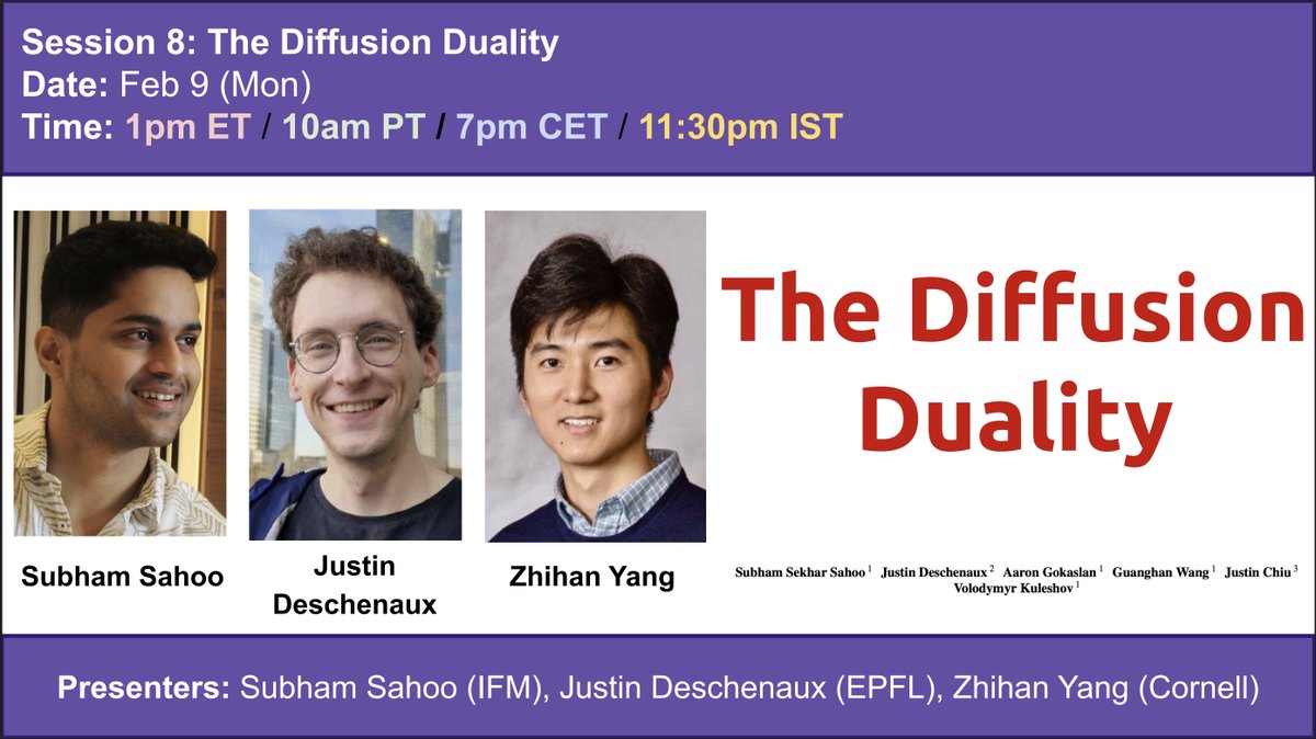📢Feb 9 (Mon): The Diffusion Duality 🤔Uniform-state discrete diffusion ...