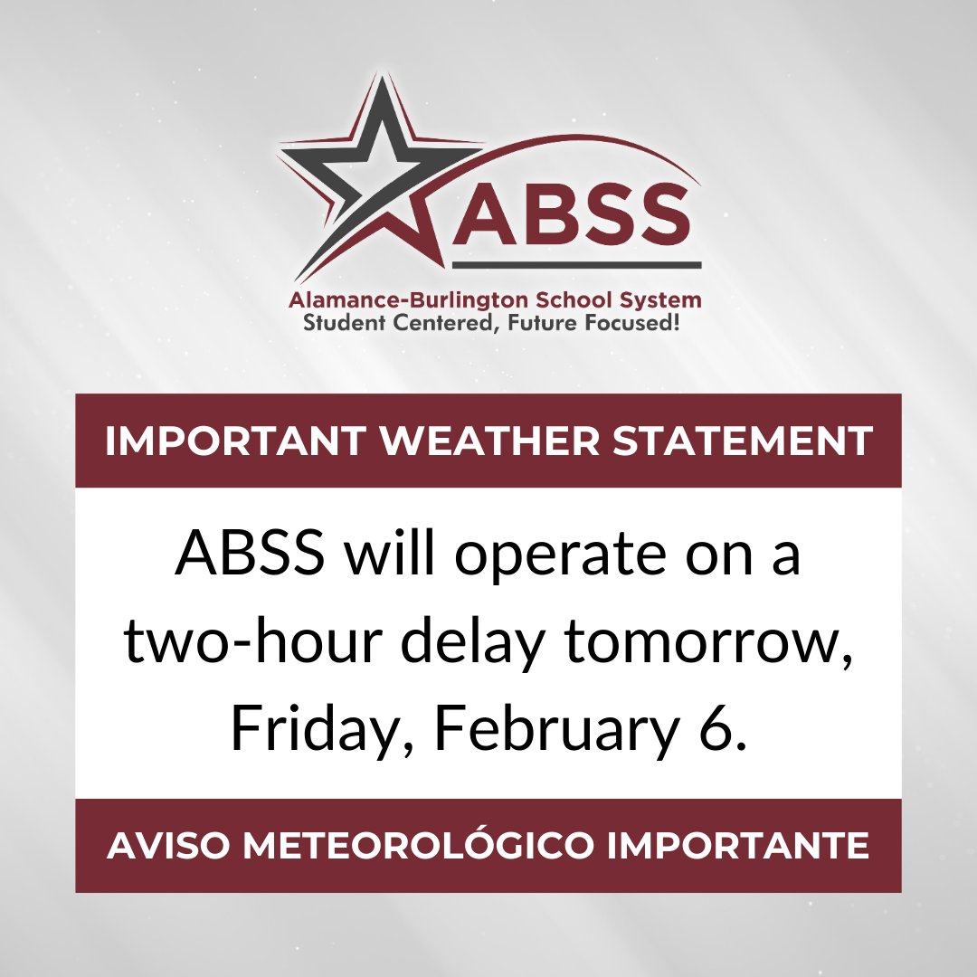 #ABSSAlert | A​BSS will operate on a two-hour delay tomorrow, Friday, February 6. Temperatures are expected to be below 30-degrees and there are many wet roads that can freeze. As a reminder, these decisions are made with the safety of our staff and students in mind.