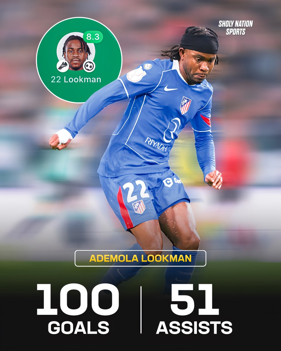 Sholynationsp's tweet image. 🇳🇬 Ademola Lookman has reached 100 career goals 

👕 377 games
⚽ 100 goals
🎯 51 assists

🏆 African Footballer of the Year
🏆 Europa League winner

Superstar! 🦅