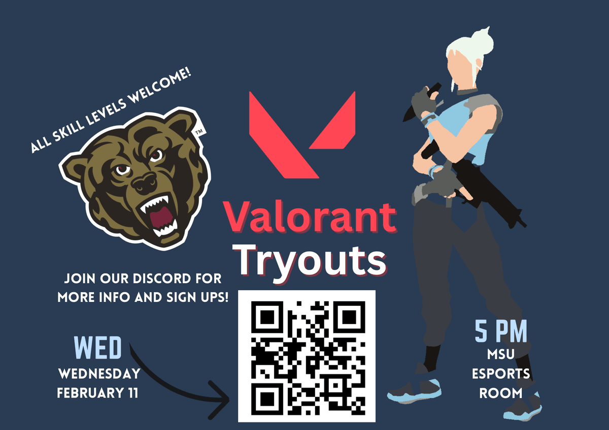 Our teams here at Kutztown Esports are currently hosting rolling tryouts! Interested in joining our Valorant team? Valorant tryouts will be taking place Wednesday, February 11 at 5pm in the Esports room! We welcome all skill levels! Hope to see you there! 🐻
