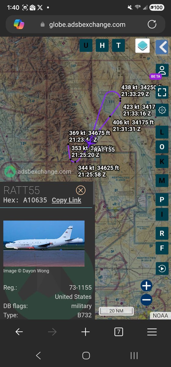 norb420's tweet photo. #A10635 as #RATT55 First trackable flight of the year! Last we saw RATT55 on September 30th of last year. Currently working in the Owen and Saline MOAs at 33,000 feet. https://t.co/8lZbQj0t7b