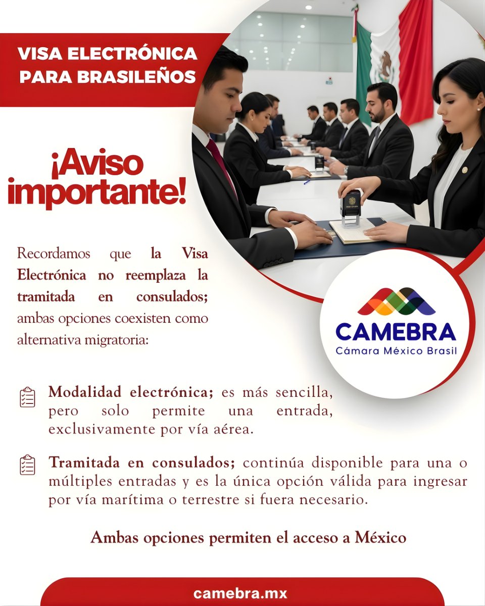 🚨¡Conocer las distintas opciones de visa te permite tomar mejores decisiones! 
Planifica con anticipación y evita contratiempos en tu movilidad internacional. 🇲🇽🇧🇷

Para más información contáctanos o participa de nuestro Comité de Turismo CAMEBRA. 🤝✨

#VisaElectronica