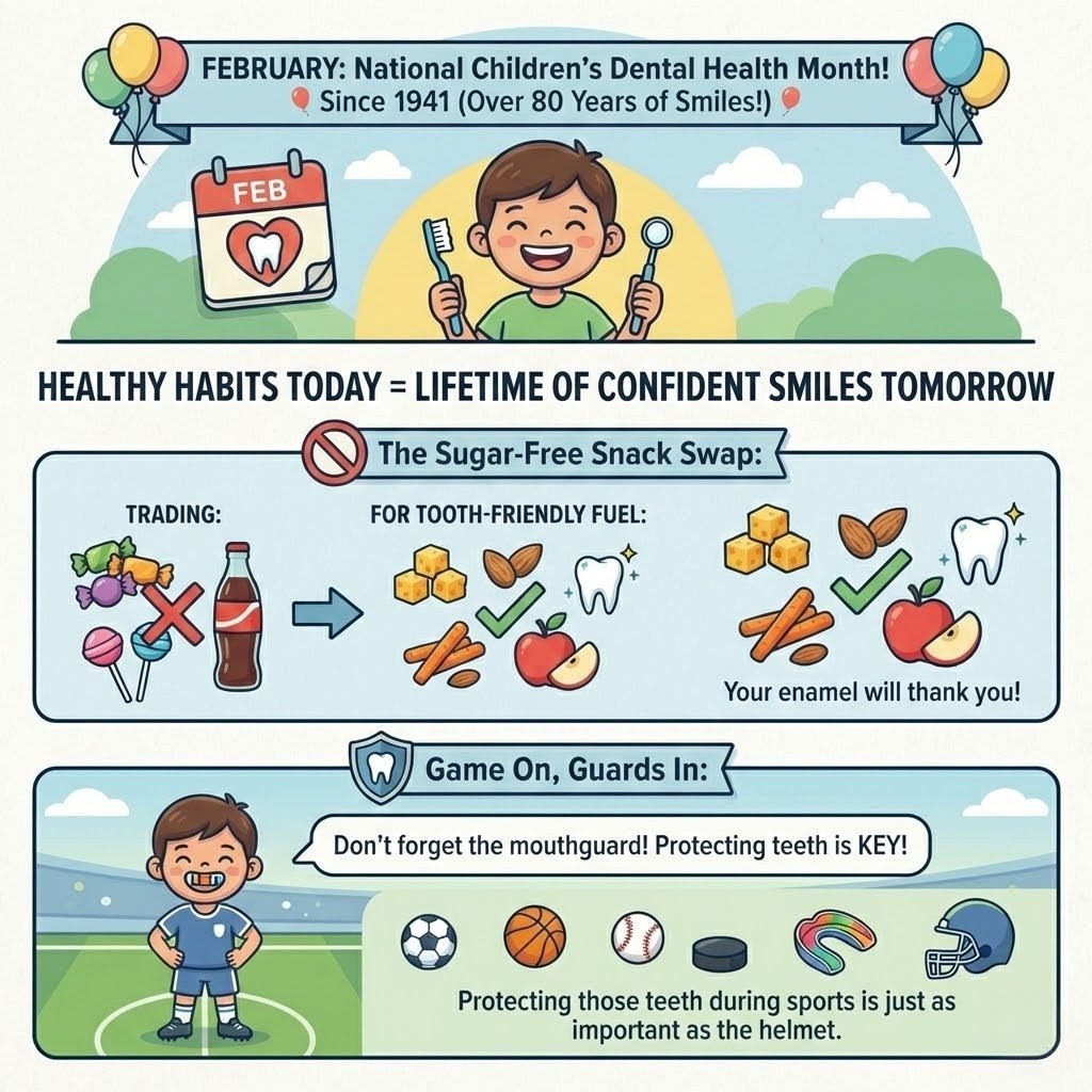 dentalelements's tweet photo. February is National Children’s Dental Health Month! 🎈
​Two wins for healthy smiles:
🚫 Swap sticky snacks for cheese &amp; nuts 🧀
🛡️ Wear a mouthguard for sports 🏈
​Healthy habits today = confident smiles tomorrow!
​#NCDHM #ChildrensDentalHealthMonth #DentalHealth https://t.co/on0eXRG67I