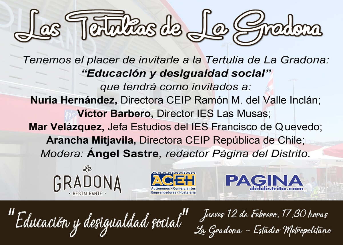 Próxima tertulia en La Gradona con la revista Página del Distrito, sobre "Educación y desigualdad social": los colegios Valle Inclán y República de Chile y los institutos Las Musas y Fco de Quevedo #EPAS #EscuelasEmbajadoras #erasmusplus #iesquevedo #educacionpublica 👍🇪🇺🇪🇺🇪🇺
