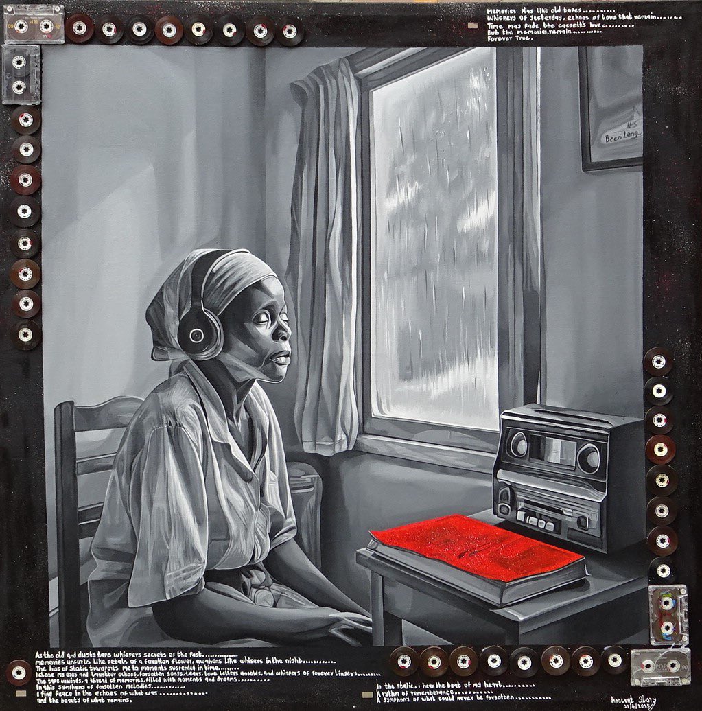 Hi, I painted a woman listening to “old tapes” with actual tapes on the side.