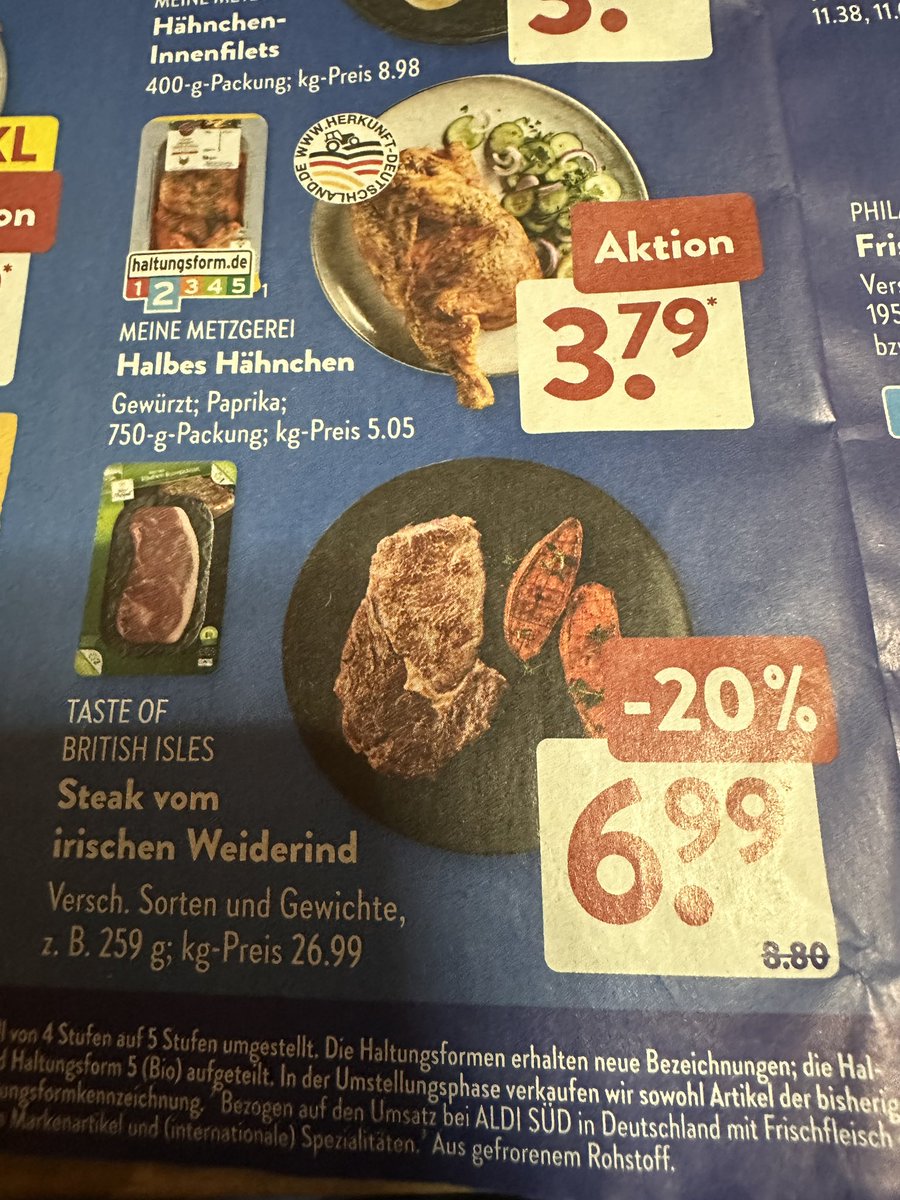 tameroki's tweet photo. @unsalunlu Ünsal bey bugünkü yayınınızda konu olan et fiyatları. Almanyada bu hafta iki markette. Birisi kuşbaşı et, gulaş yapmak için kg 13,99€. Öbürü İrlanda danası Steak kg 26,99€. Selamlar https://t.co/Rt86HOTC5g