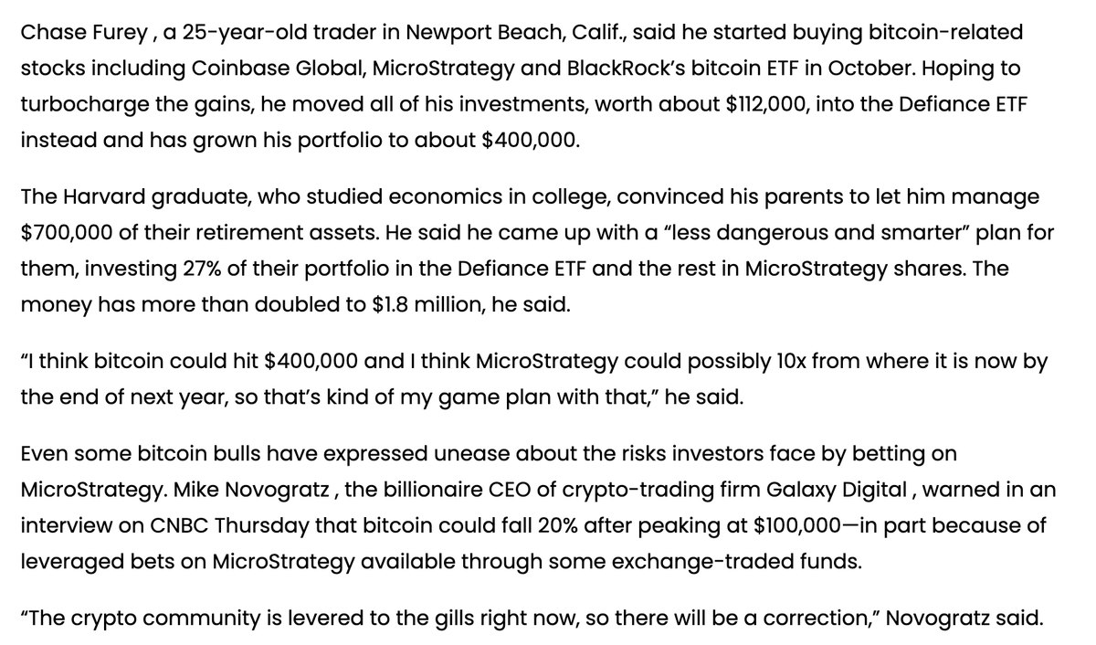 Jack_Raines's tweet photo. Throwback to Chase Furey, the kid who YOLO'd his parents retirement money into a 2x levered long MSTR ETF at the giga-top (article from November 2024).

Rest in pieces. https://t.co/gMQ5DGc34X