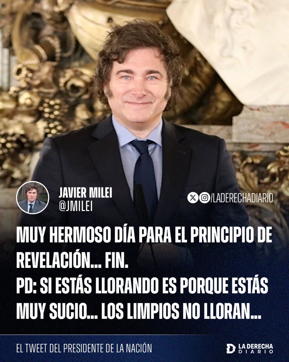 🚨🇦🇷 | "Muy hermoso día para el principio de revelación... Fin. PD: Si estás llorando es porque estás muy sucio... Los limpios no lloran...": Javier Milei expuso a los periodistas operadores que estallaron de furia tras el estreno de la Oficina de Respuesta Oficial
