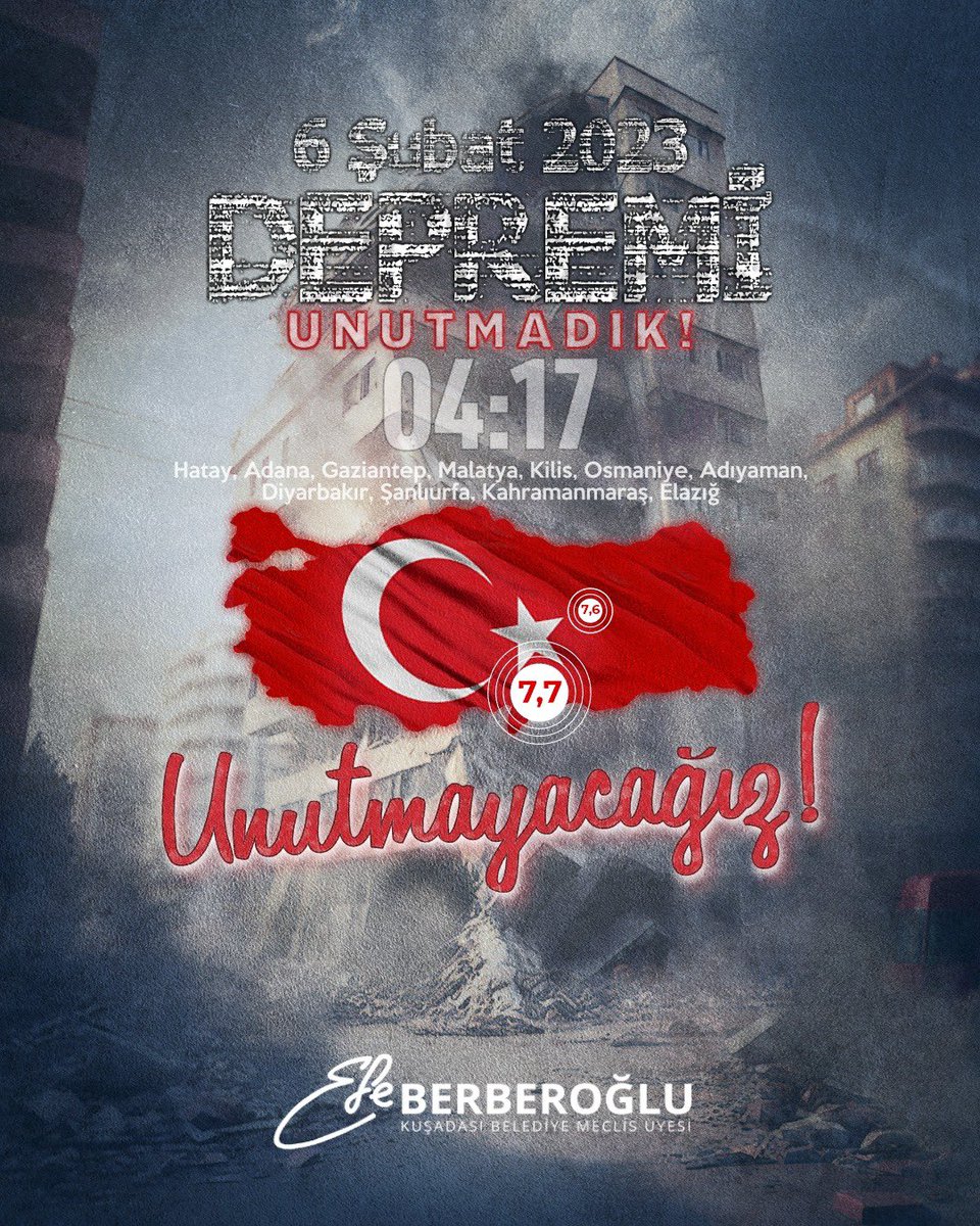 Unutmadık. Unutmayacağız!

6 Şubat 2023'te saat 04:17'de Kahramanmaraş'ta meydana gelen ve 11 ilimizi etkileyen depremlerde hayatını kaybedenleri rahmetle anıyorum…