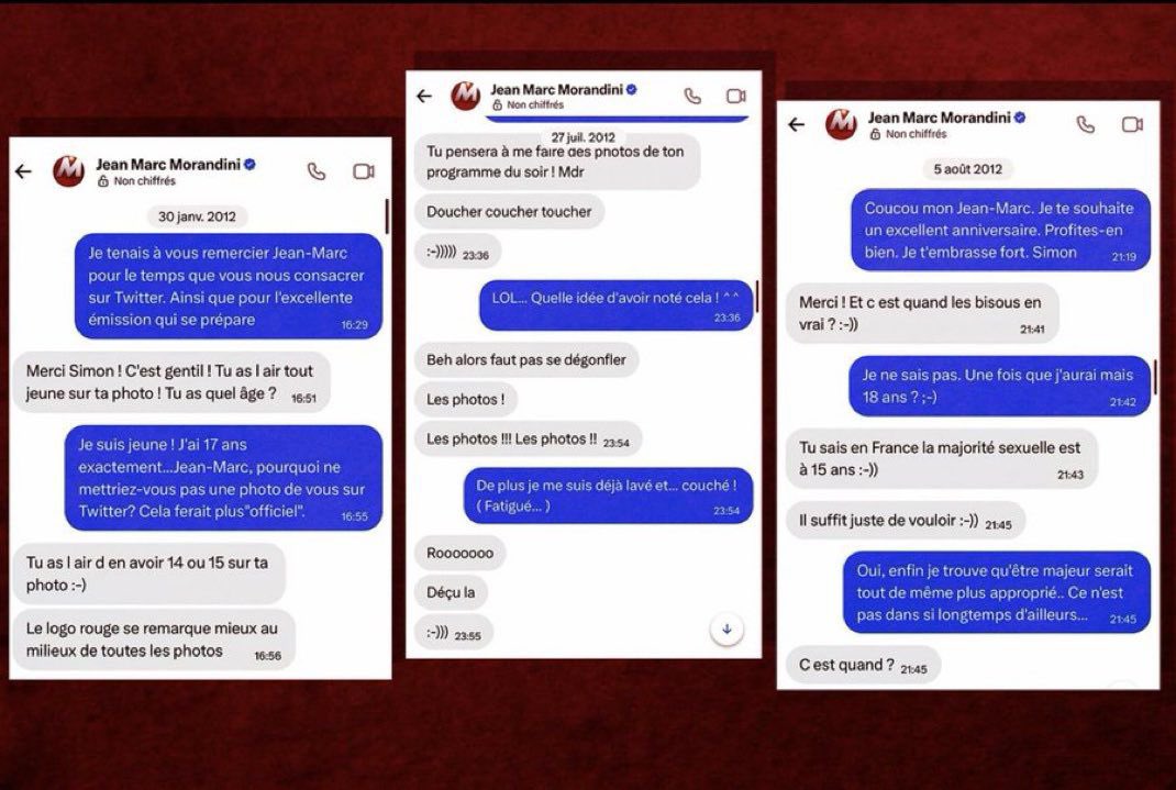 Mediavenir's tweet image. 🇫🇷 Les messages glauques de Jean-Marc Morandini à un mineur : 
- "Tu as l’air d’en avoir 14 ou 15 ans sur ta photo :-)"
- "Tu penseras à me faire des photos de ton programme du soir ! Mdr […] Doucher coucher toucher :-)))))"
- "Tu sais que la majorité sexuelle est à 15 ans :-))…
