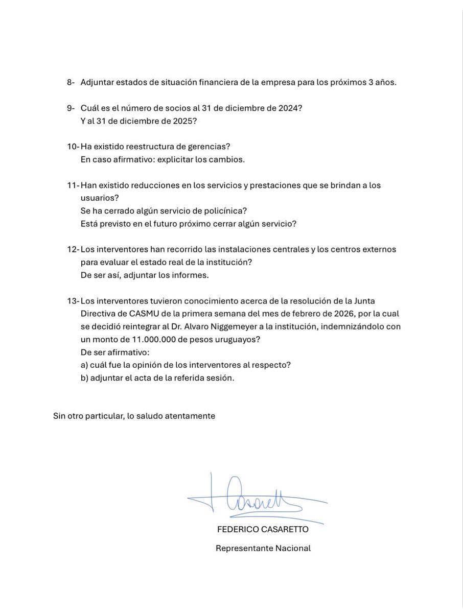 HAY ALGO QUE NO CIERRA…
En estas horas estamos presentando este pedido de informes al Ministerio de Salud Pública.
Queremos conocer la situación de un CASMU intervenido por un “desequilibrio económico-financiero” que en las últimas horas ha resuelto reintegrar al Dr. Niggemeyer