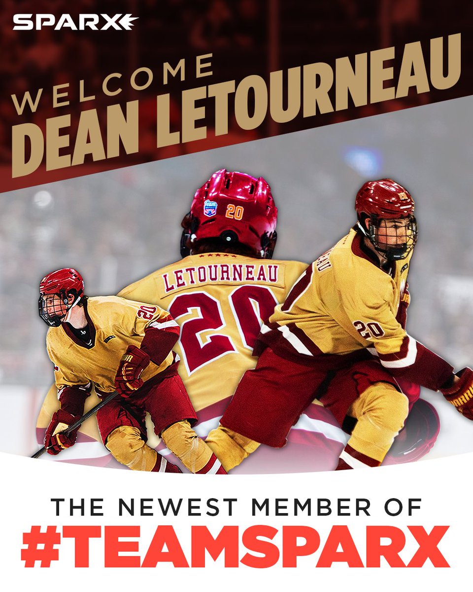 Sparxhockey's tweet photo. Sparx Hockey is proud to welcome @BC_MHockey's Dean Letourneau as the newest member of #TeamSparx! 🔥 The @NHLBruins' 2024 first round draft pick and Hobey Baker nominee is headed to the Beanpot Finals after posting a goal and an assist in the semis 🫘🏆 @DeanLetourneau https://t.co/0U5IgZanI4