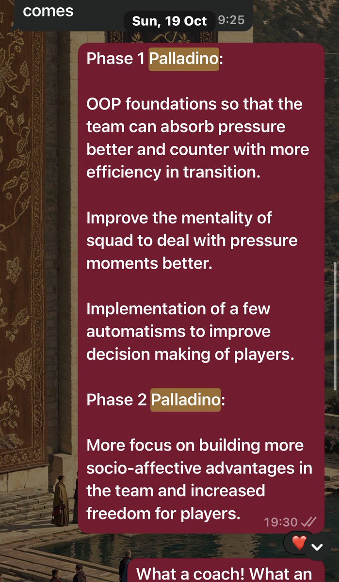 mfalsafa_'s tweet photo. The phases of Raffaele Palladino.

Phase 2 is actually more about raising the techno-tactical ceiling rather than ossifying socio-affective advantages to encourage more player freedom - which is phase 3 Palladino.

A coach I’m always in awe of because of how well he sees the game https://t.co/wvzjv9C6fP