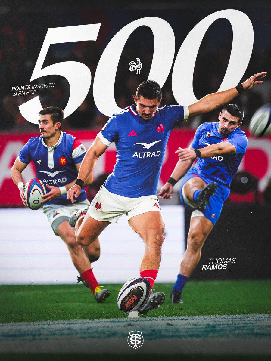 500 points 🎯
Ce soir, Thomas Ramos est devenu le premier joueur à atteindre la barre des 500 points inscrits en Bleu 🇫🇷

Notre arrière entre encore un peu plus dans l’histoire du XV de France🏅