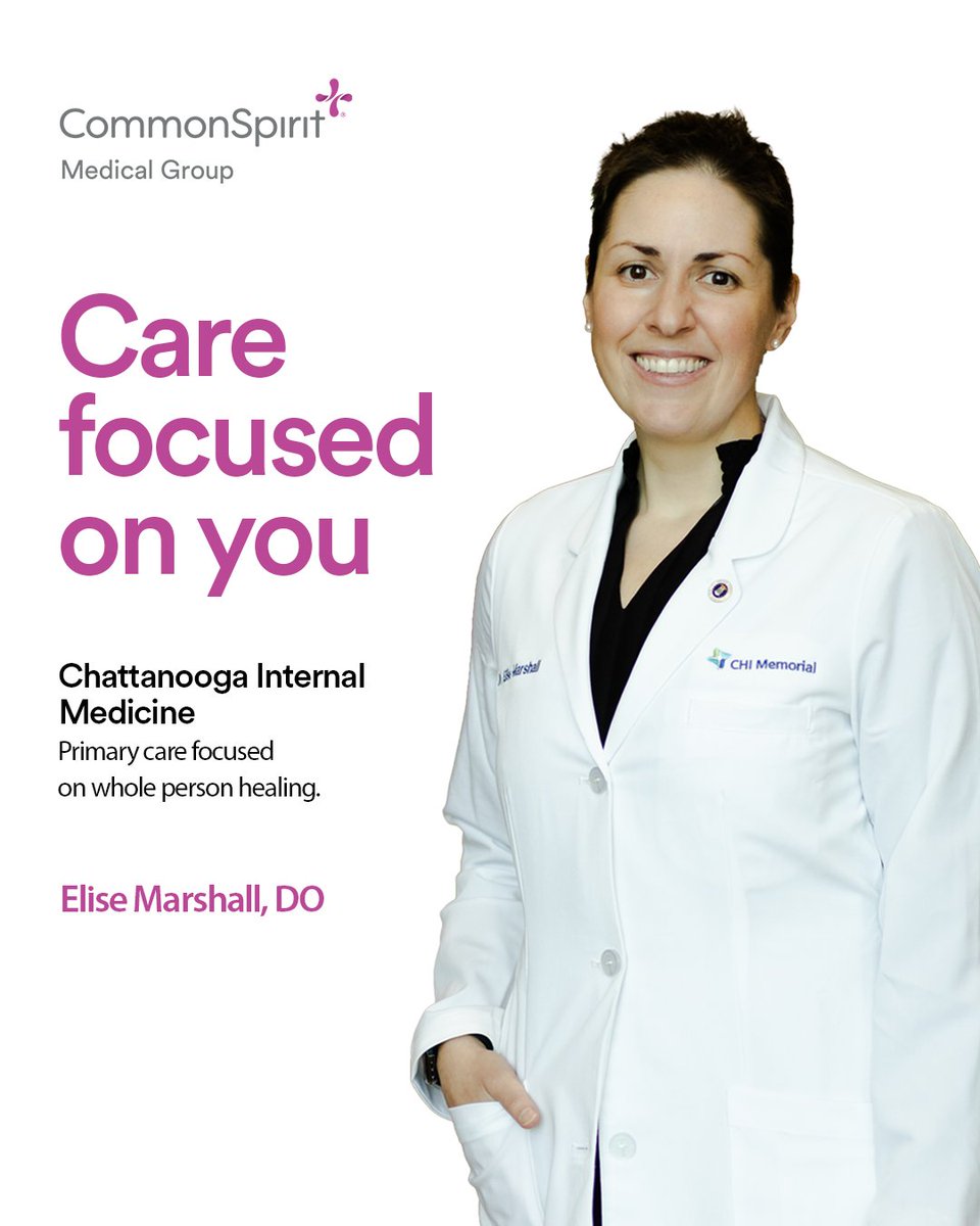 CSH_TNGA's tweet photo. Dr. Elise Marshall is welcoming new patients at CommonSpirit Medical Group - Chattanooga Internal Medicine.  She provides primary medical care to adults 18 and older.

For more information visit https://t.co/OQDihrxQis. https://t.co/Icax0bqreh