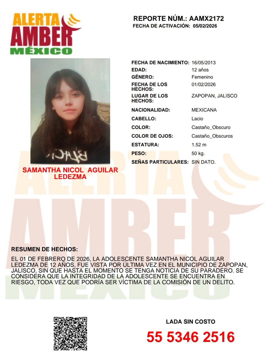 AAMBER_mx's tweet photo. #AlertaAMBER solicita su apoyo y RT para la búsqueda y localización de la adolescente SAMANTHA NICOL AGUILAR LEDEZMA, de 12 años de edad. https://t.co/ZvPriPZH1I