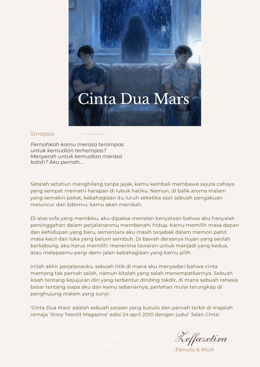 Zeffazetira's tweet photo. Sinopsis Cerpen: Cinta Dua Mars
https://t.co/c9Z6vGBQDY

#cerpen
#ceritapercintaan https://t.co/w8bx2xqtnC