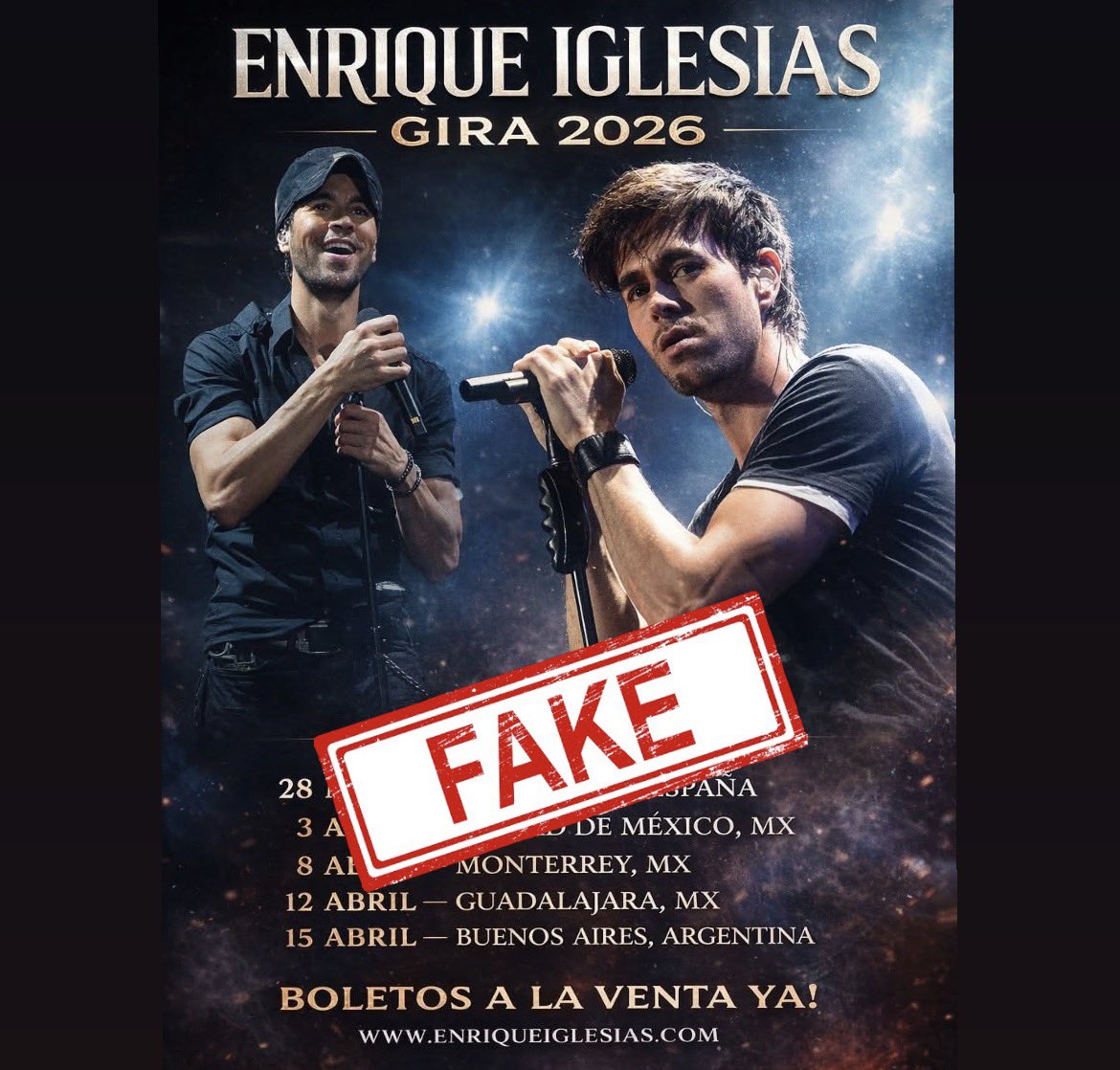 Recuerden que cualquier fecha de concierto que no se encuentre en enriqueiglesias.com es falsa, cuiden su dinero e información personal. 

- EI TEAM