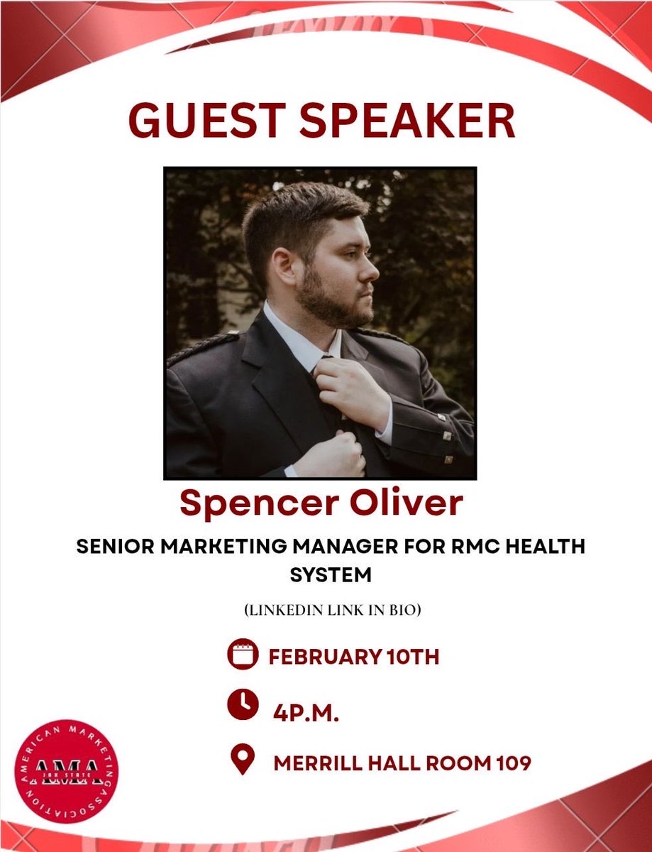 amaatjsu's tweet photo. Join us as we welcome ❤️🖤 Spencer Oliver, Senior Marketing Manager for RMC Health System, as our AMA guest speaker on February 10th at 4:00 P.M. in Merrill Hall, Room 109.

🔗 Connect on LinkedIn: https://t.co/oHl6j1smF3 https://t.co/D6W2auFI2U