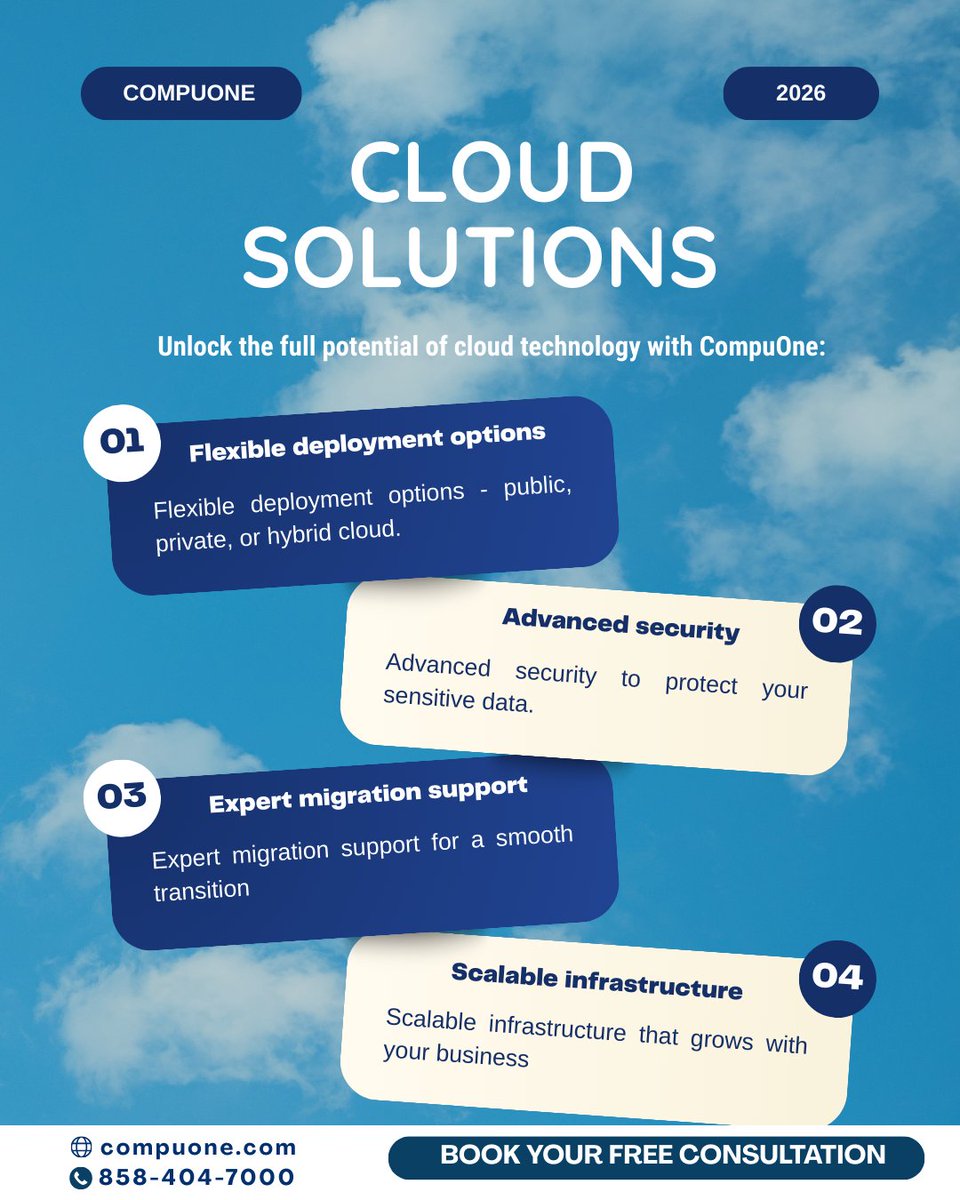 CompuOneCorp's tweet photo. The right cloud solution can transform the way your business operates.  

CompuOne offers private, public, and hybrid cloud solutions that provide security, scalability, and flexibility.

#Cybersecurity #CloudServices #SanDiegoIT #ITSupportForBusiness #CompuOneCorp https://t.co/4AXzeD6HxO