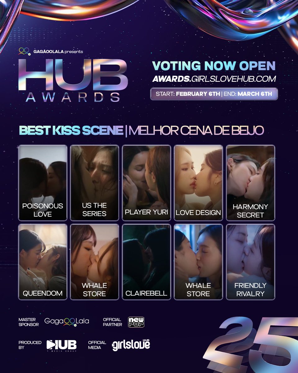 ⟨#HUBAwards2025⟩ BEST KISS SCENE | MELHOR CENA DE BEIJO

NOMINEES | INDICADOS:

* Prem e Pat (Poisonous Love)
* Pam e Rak (Us The Series)
* Ploy e Pun (Player Yuri)
* Aokbab e Rin (Love Design)
* Mewika e Aiwarin (Harmony Secret)
* Rey e Print (Queendom)
* Tonnam e Chompoo