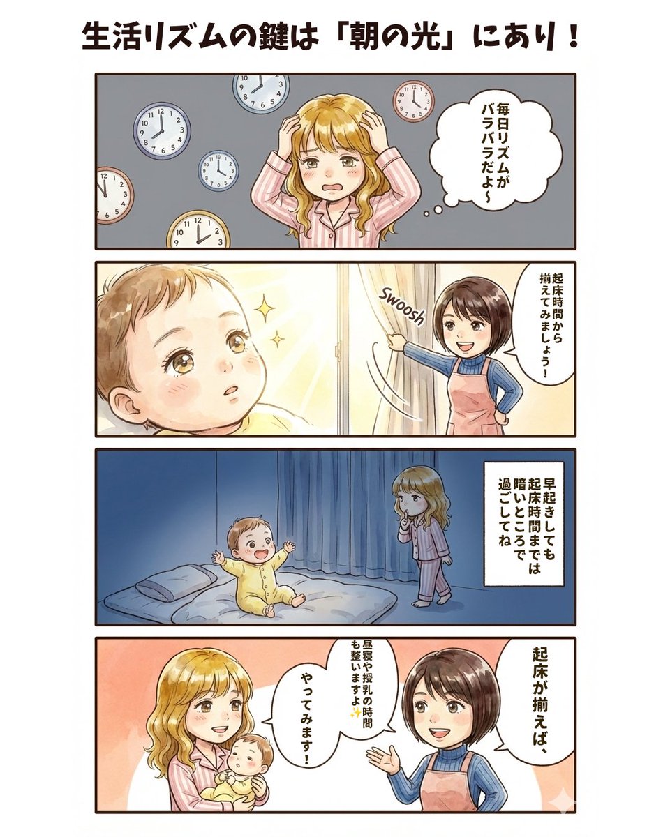 yuki_nenne's tweet photo. 「毎日寝る時間が違う」「生活リズムがガタガタ…」 そんなお悩みの解決策は、実は「朝のカーテンを開ける時間」にあります！⏰✨

体内時計を整えるには、毎日同じ時間に光を浴びることが第一歩。 光を浴びてから12〜14時間後に眠くなる仕組みを活かしましょう。

⚠️ ここで大切なポイント！ 「赤ちゃんが5時に起きちゃったから、明るくして遊ばせよう…」 これはちょっと待って！😱

起きた時間に合わせて部屋を明るくしていると、赤ちゃんの脳が「あ、この時間は活動時間なんだ！」と誤解して、どんどん起床時間が早まってしまうことがあるんです。

目標の起床時間までは、暗い部屋でゆったり過ごしてOK。授乳やオムツ交換など必要なことはもちろんしていいですよ。起床時間までは「夜」なので、必要以上に声をかけたり目を合わせたり遊んだりせず、たんたんと対応しましょう。 泣いちゃうなら抱っこしたりしても大丈夫！「光を入れる時間」を一定に守ることで、夜の就寝時間、そしてお昼寝や授乳の時間も自然と整っていきますよ☀️

まずは明日から、朝の「光のスイッチ」をコントロールしてみませんか？🙌
